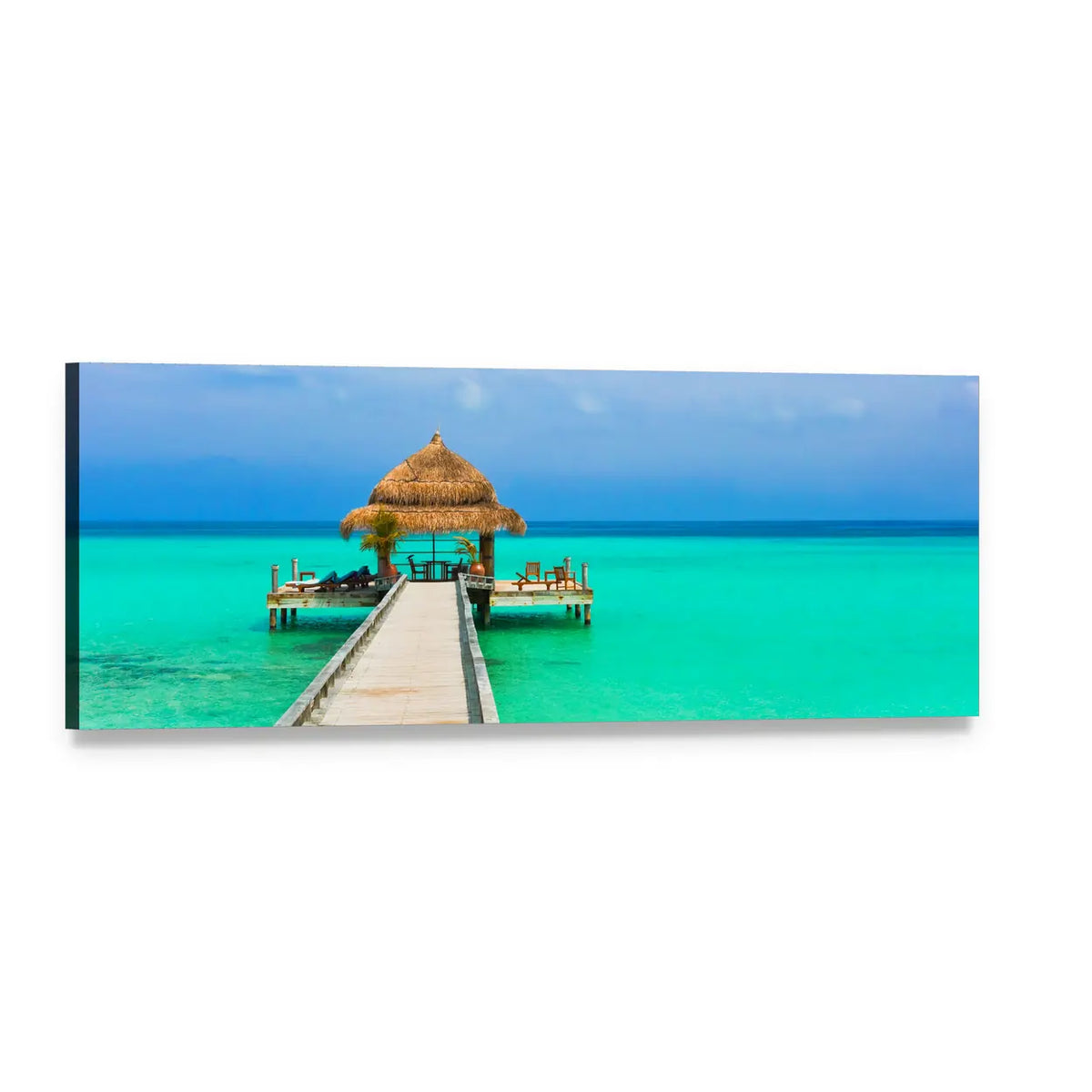 Thatched-roof Water Cafe Over Turquoise Ocean Panoramic Canvas Wall Art, single panel gallery wrapped canvas, angled product view