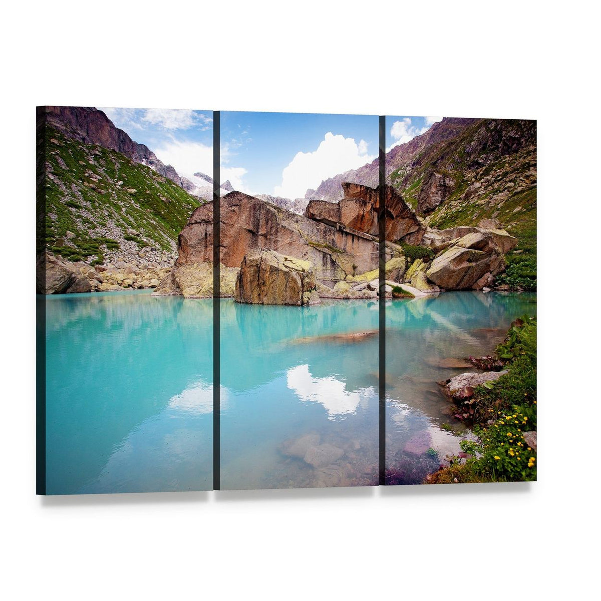 Turquoise Mountain Lake with Rocky Shore Canvas Wall Art, 3 panel 3 Horizontal layout gallery wrapped canvas set, angled product view