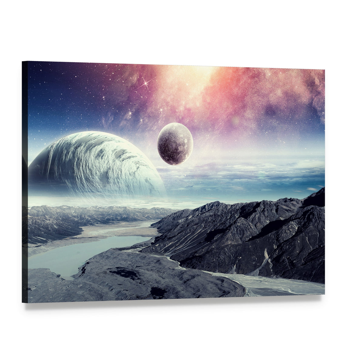 Ringed Planet and Twin Moons Canvas Wall Art, single panel gallery wrapped canvas, angled product view