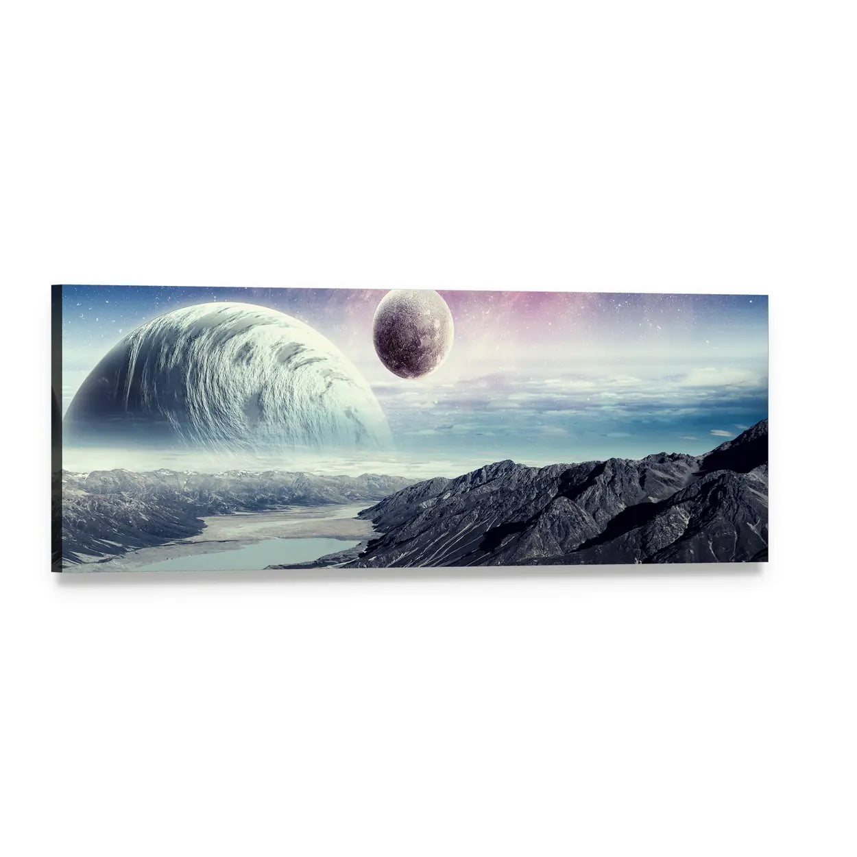 Textured Planet Over Frozen Lake Panoramic Canvas Wall Art, single panel gallery wrapped canvas, angled product view