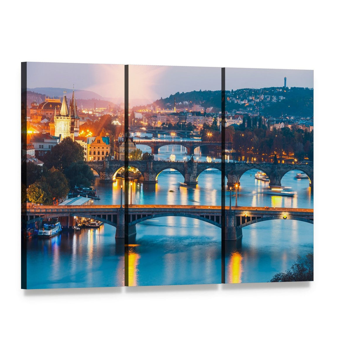 Charles Bridge and Vltava River at Dusk Canvas Wall Art, 3 panel 3 Horizontal layout gallery wrapped canvas set, angled product view