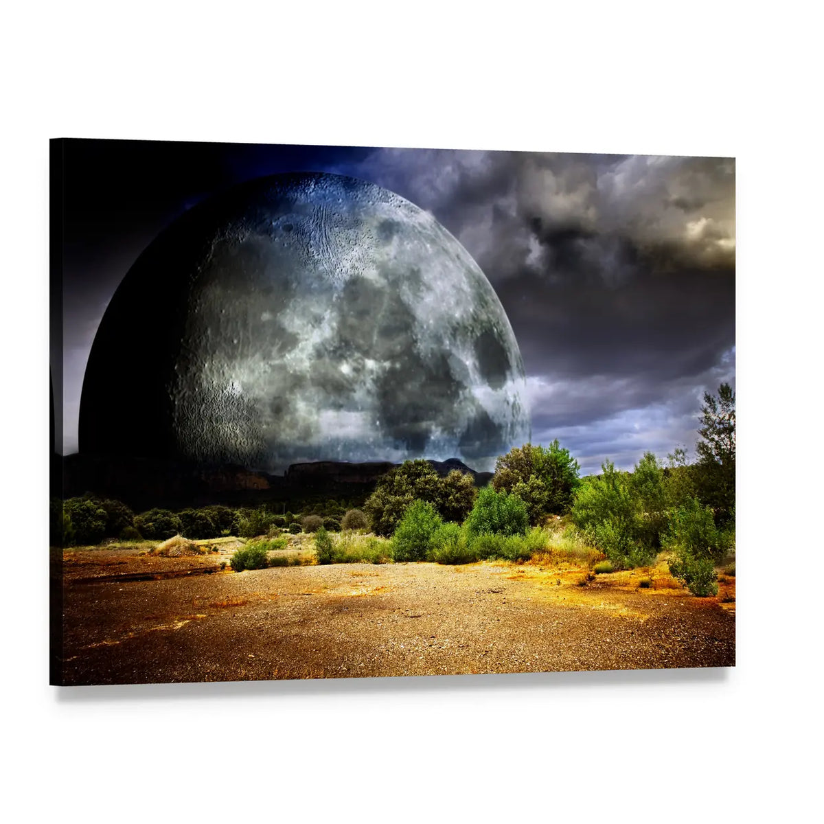 Giant Moon Over Desert Dreamscape Canvas Wall Art, single panel gallery wrapped canvas, angled product view