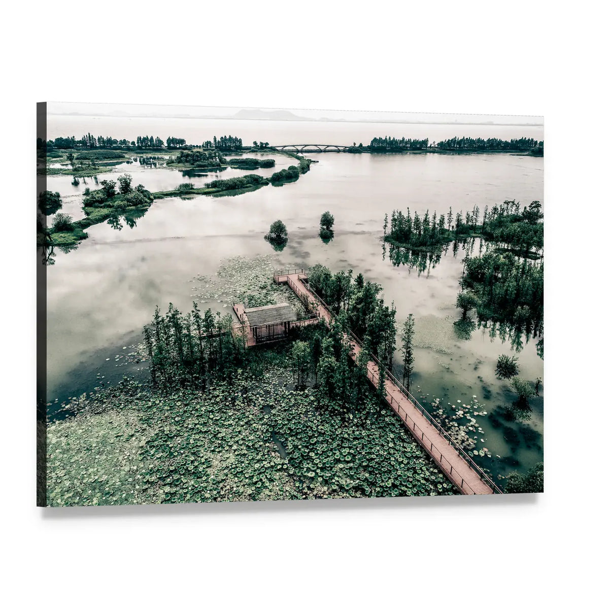 Canadian Park Lake with Boardwalk Canvas Wall Art, single panel gallery wrapped canvas, angled product view