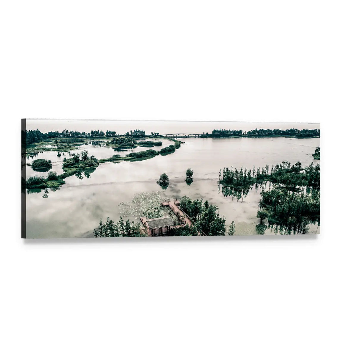 Park Wetland in Canada with Wooden Dock Panoramic Canvas Wall Art, single panel gallery wrapped canvas, angled product view