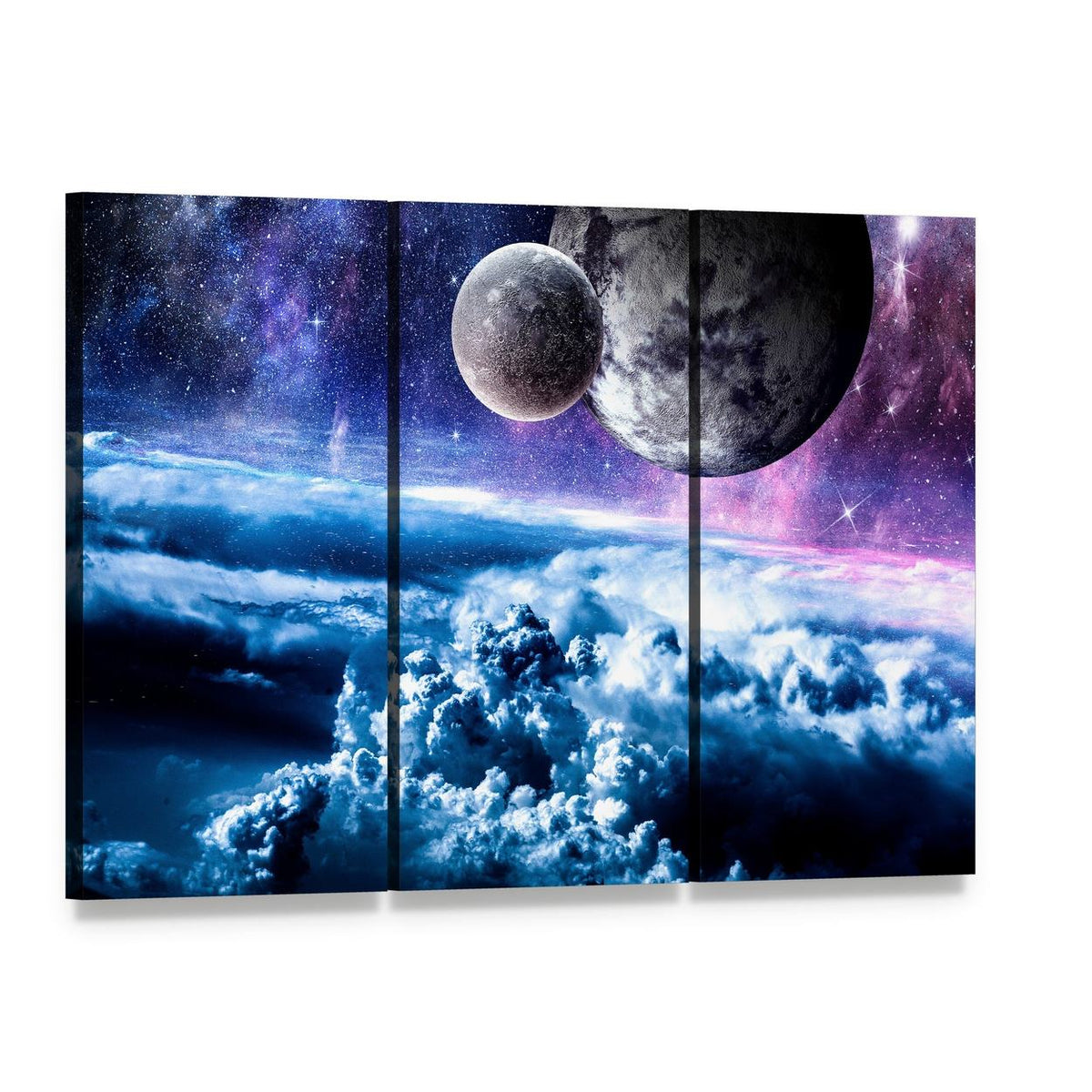 Starry Sky with Two Planets Canvas Wall Art, 3 panel 3 Horizontal layout gallery wrapped canvas set, angled product view