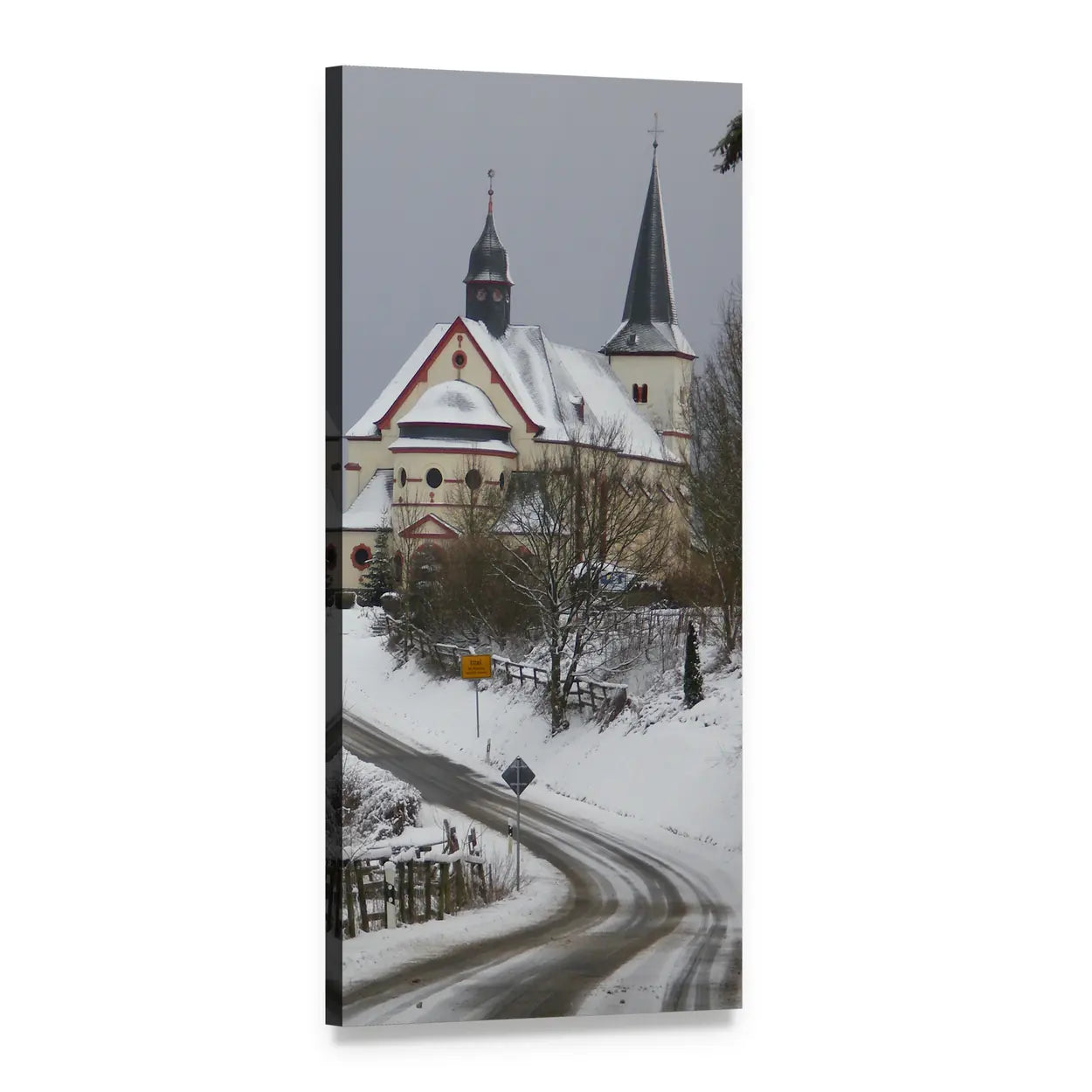 Snowy Church with Winding Road Vertical Canvas Wall Art, 1 panel 1 Vertical layout gallery wrapped canvas set, angled product view