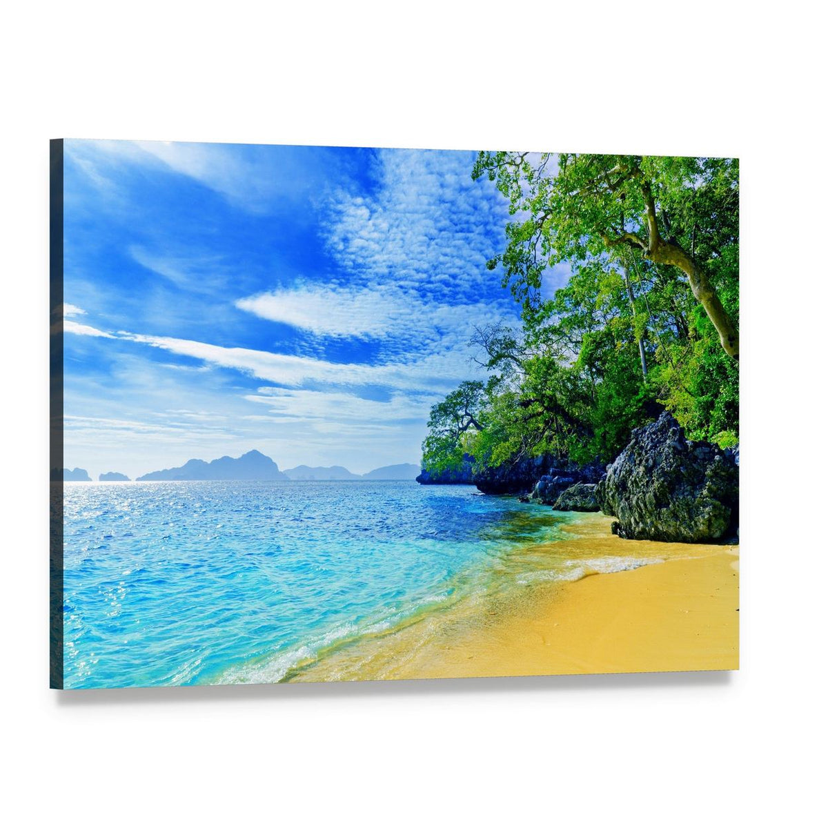 Paradise Beach Sea and Sky Canvas Wall Art, single panel gallery wrapped canvas, angled product view