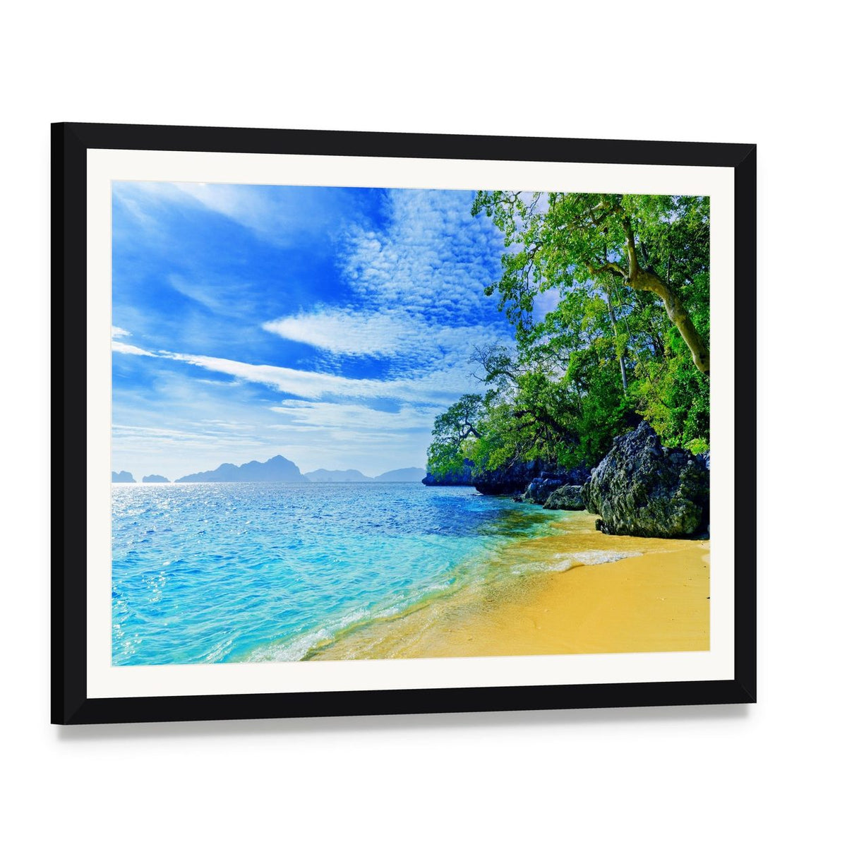 Paradise Beach Sea and Sky Canvas Wall Art, framed print with white mat and black frame, angled product view