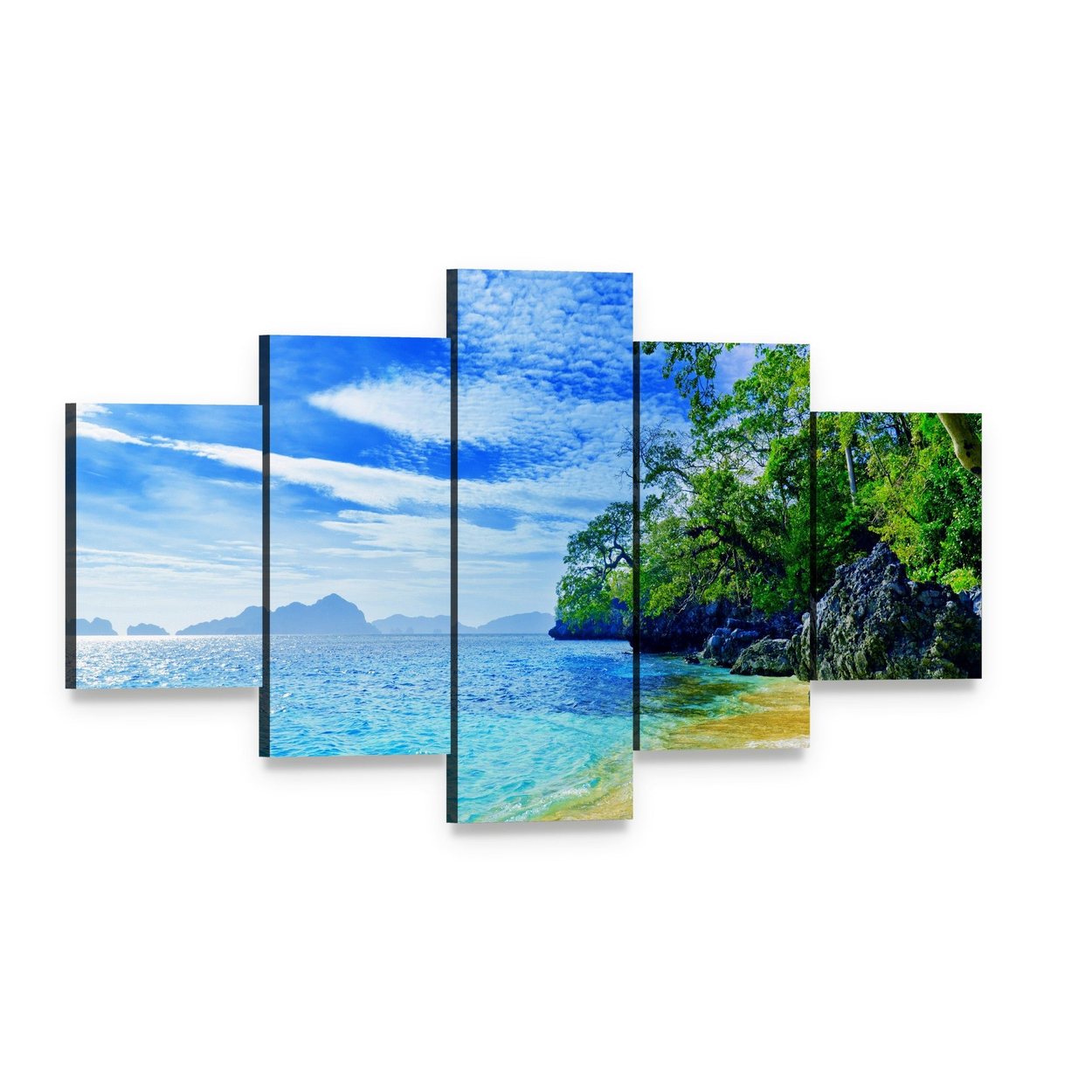 Paradise Beach Sea and Sky Canvas Wall Art, 5 panel 5 Star layout gallery wrapped canvas set, angled product view