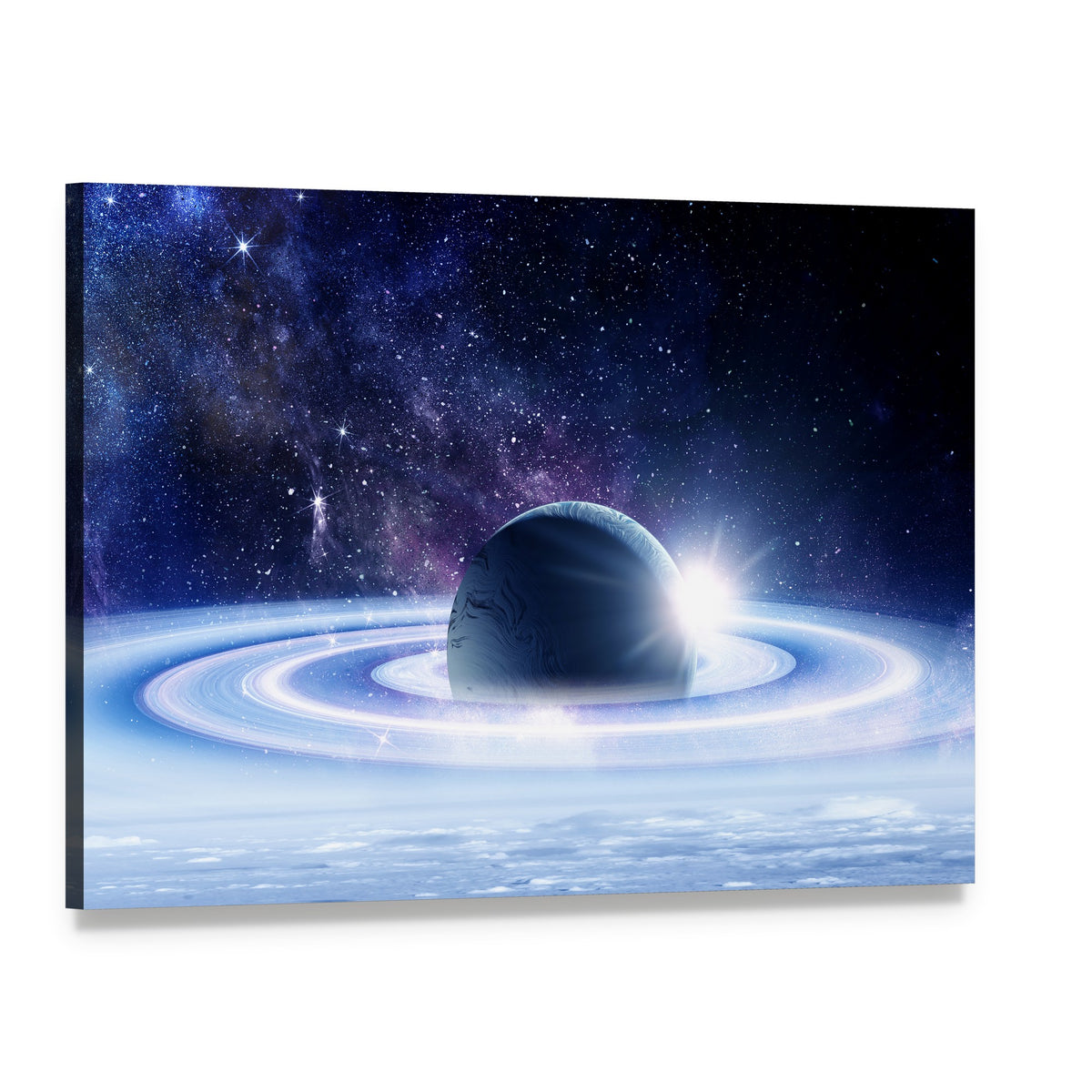 Blue Planet with Rings and Nebula Canvas Wall Art, single panel gallery wrapped canvas, angled product view