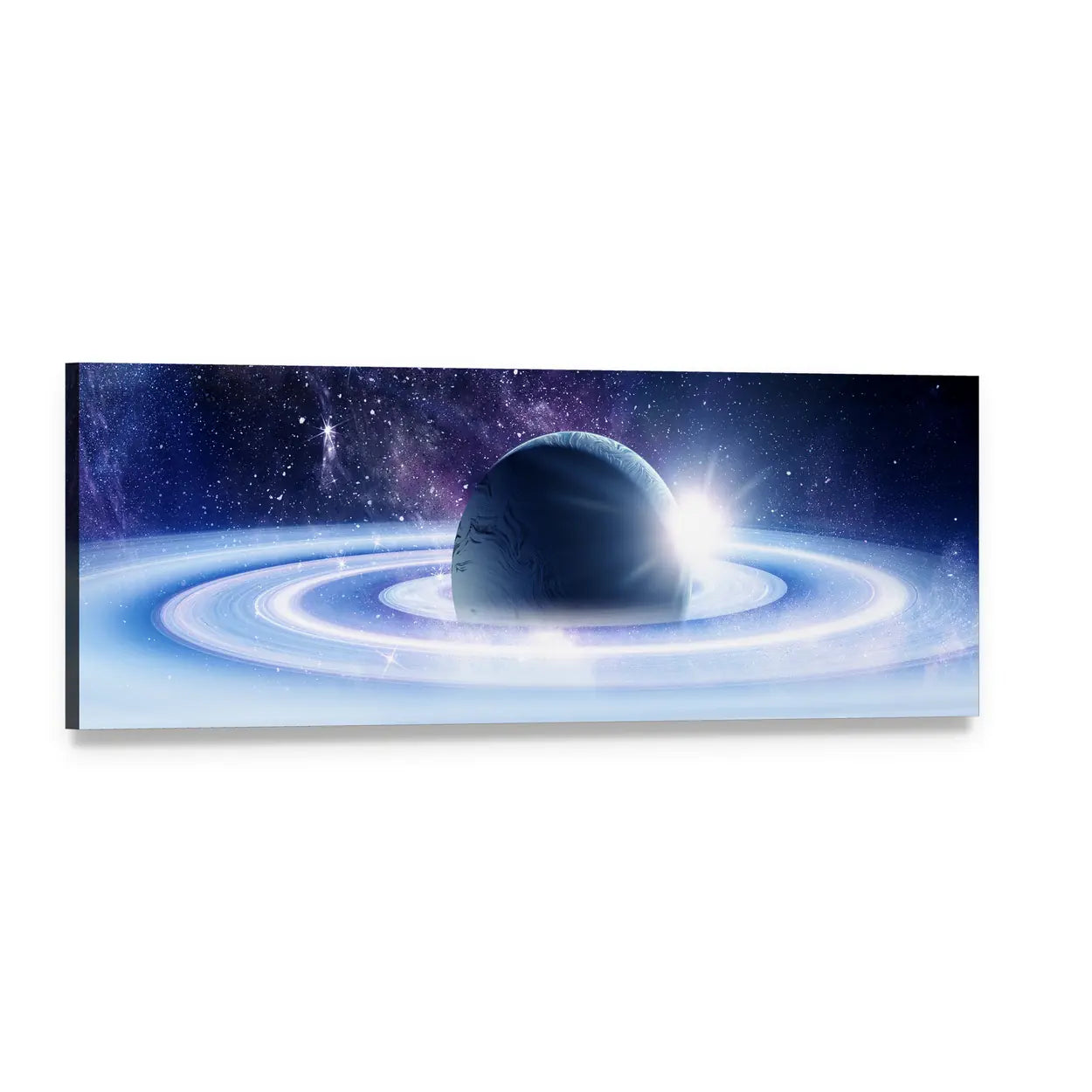 Planets and Nebula in Deep Space Panoramic Canvas Wall Art, single panel gallery wrapped canvas, angled product view