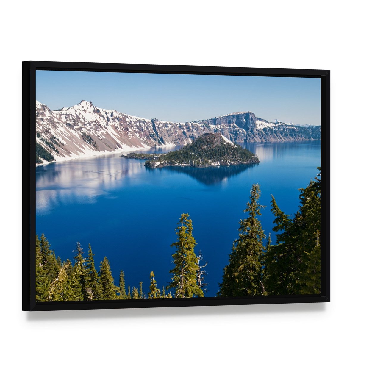 Snow in Summer at Crater Lake Canvas Wall Art, framed canvas in a black floater frame, angled product view