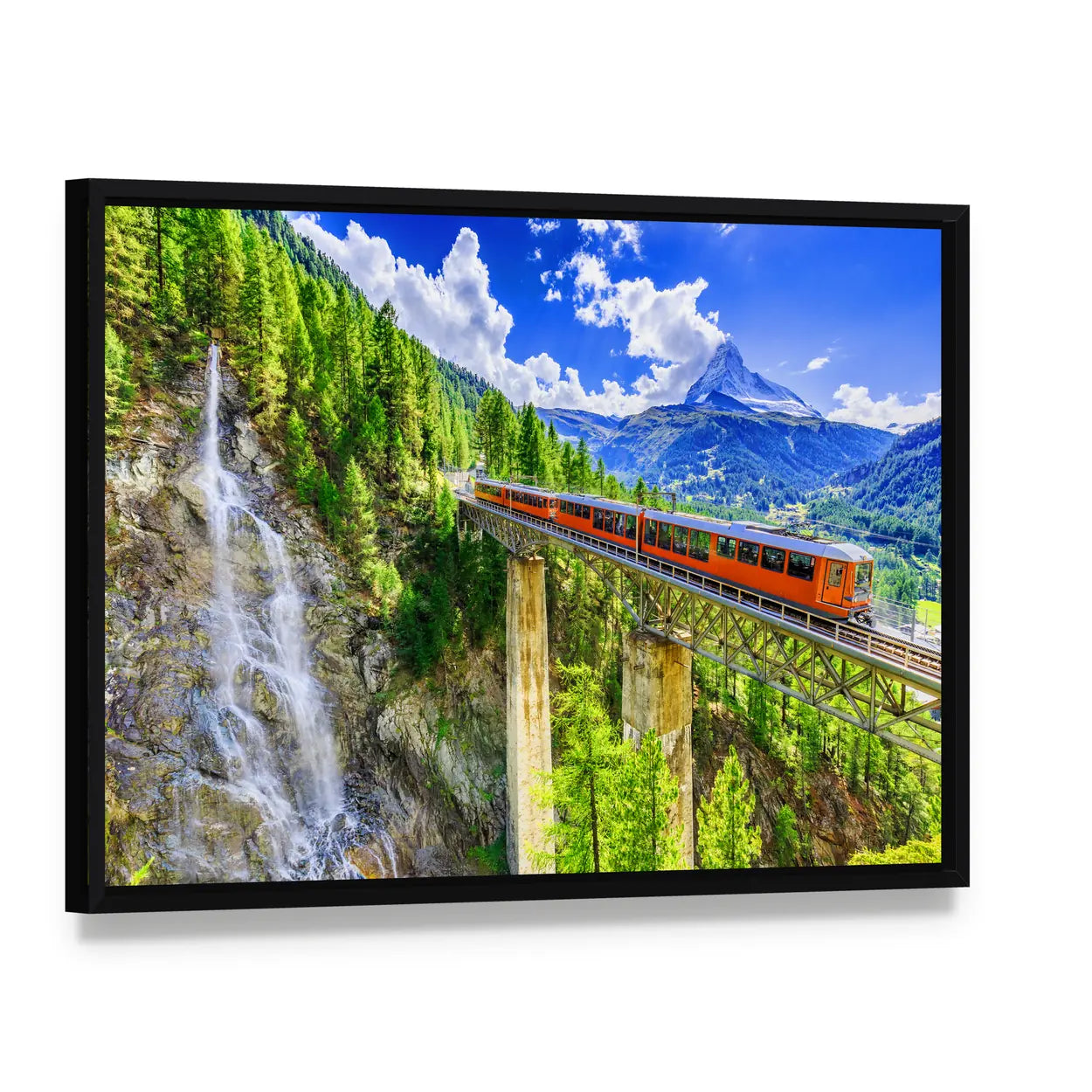 Gornergrat Tourist Train In Zermatt, Switzerland Canvas Wall Art, framed canvas in a black floater frame, angled product view