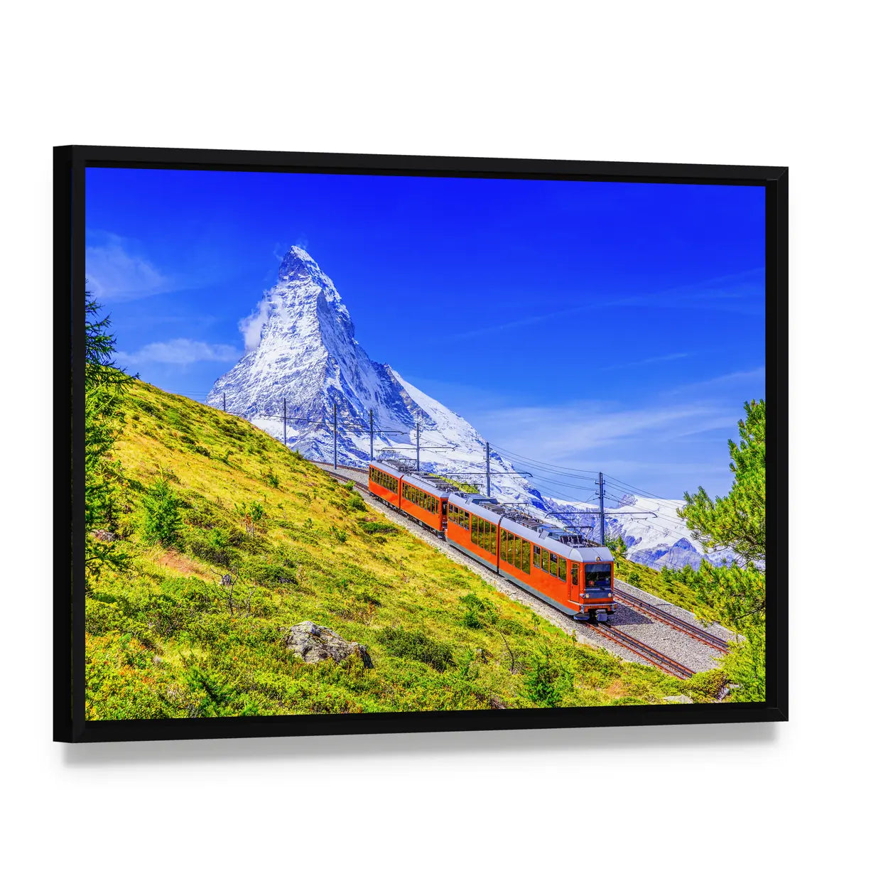Gornergrat Tourist Train In Zermatt Switzerland Canvas Wall Art, framed canvas in a black floater frame, angled product view