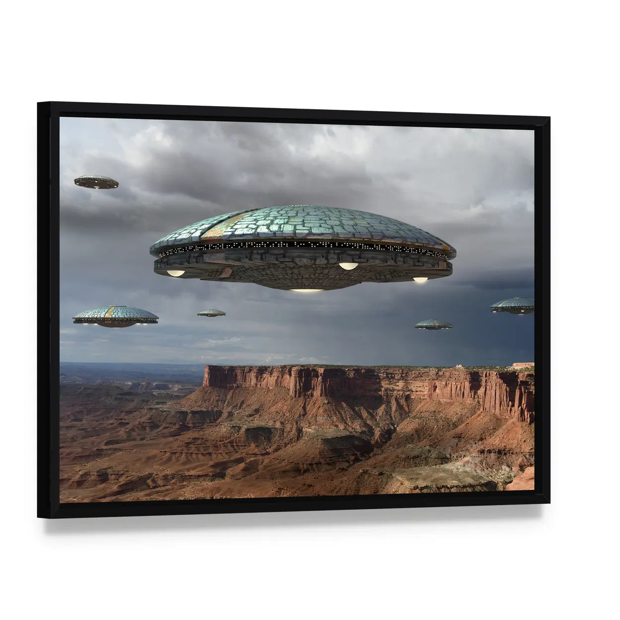 Alien Fleet Over the Grand Canyon Canvas Wall Art, framed canvas in a black floater frame, angled product view