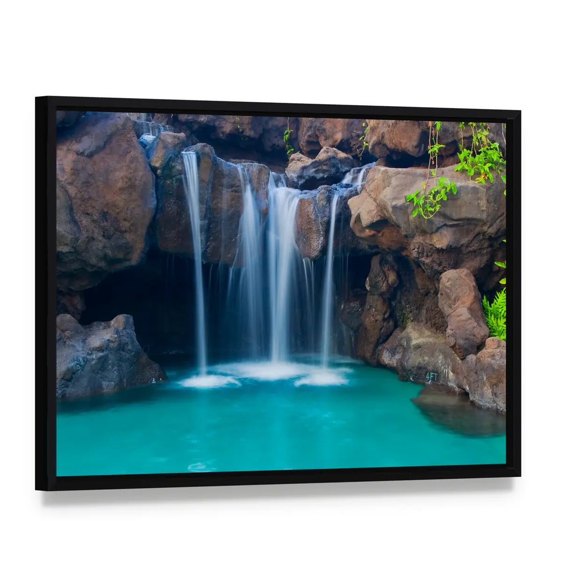 Waterfall Into Hotel Pool In Hawaii Canvas Wall Art, framed canvas in a black floater frame, angled product view