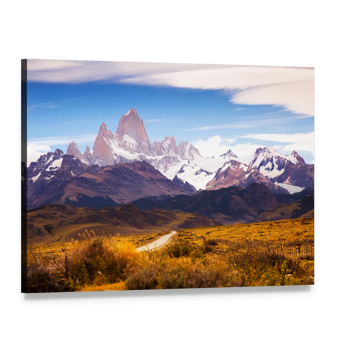 Snow-capped Mountain Road in Autumn Canvas Wall Art, single panel gallery wrapped canvas, angled product view