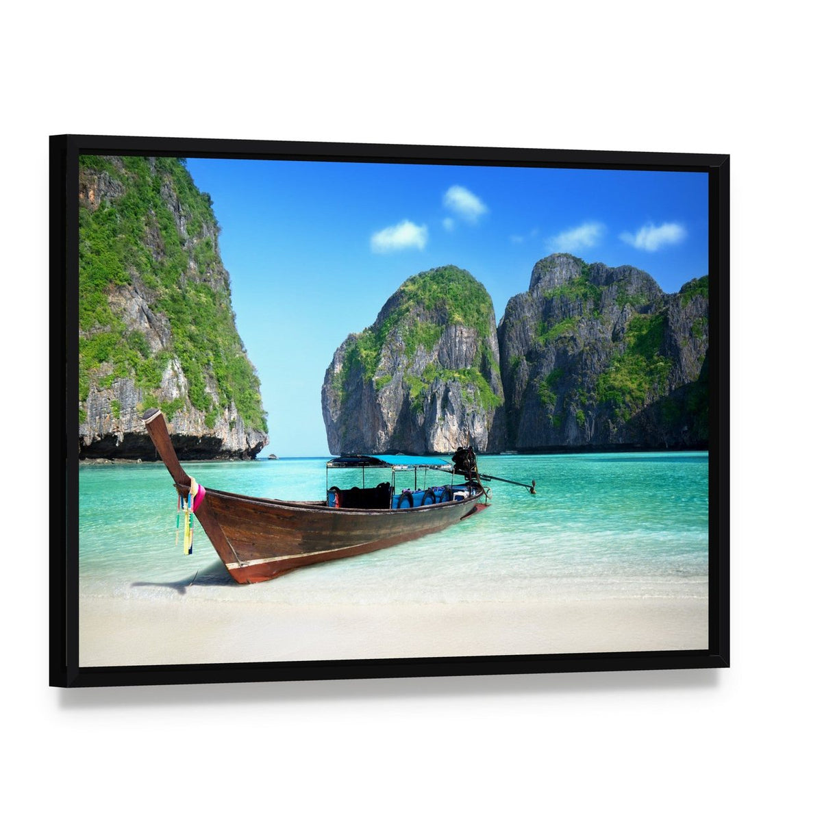 Maya Bay, Phi Phi Island Seascape Canvas Wall Art, framed canvas in a black floater frame, angled product view