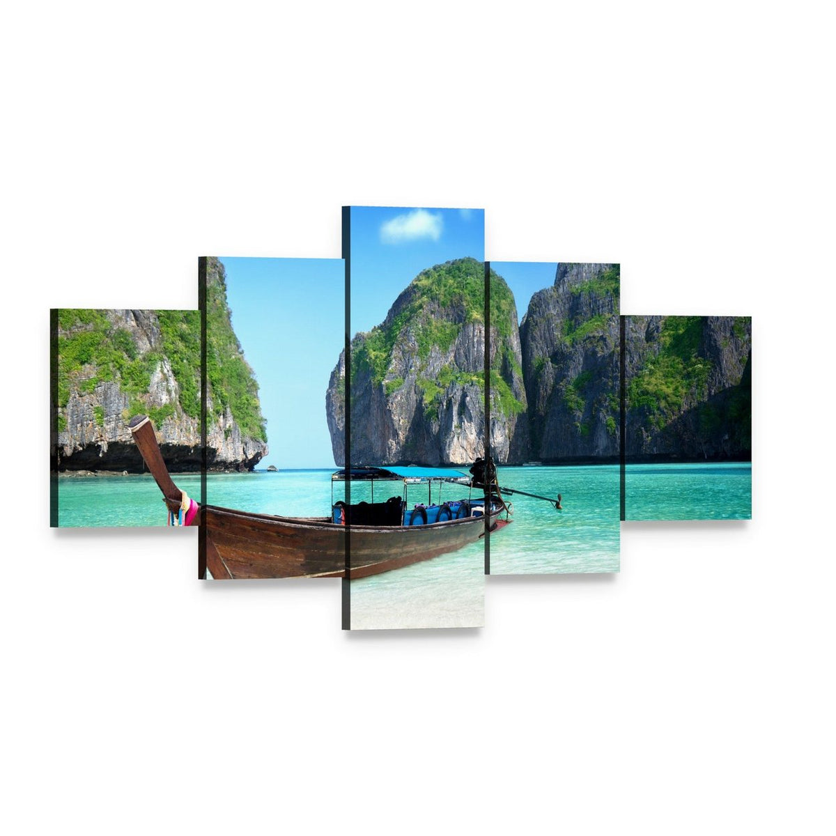 Maya Bay, Phi Phi Island Seascape Canvas Wall Art, 5 panel 5 Star layout gallery wrapped canvas set, angled product view