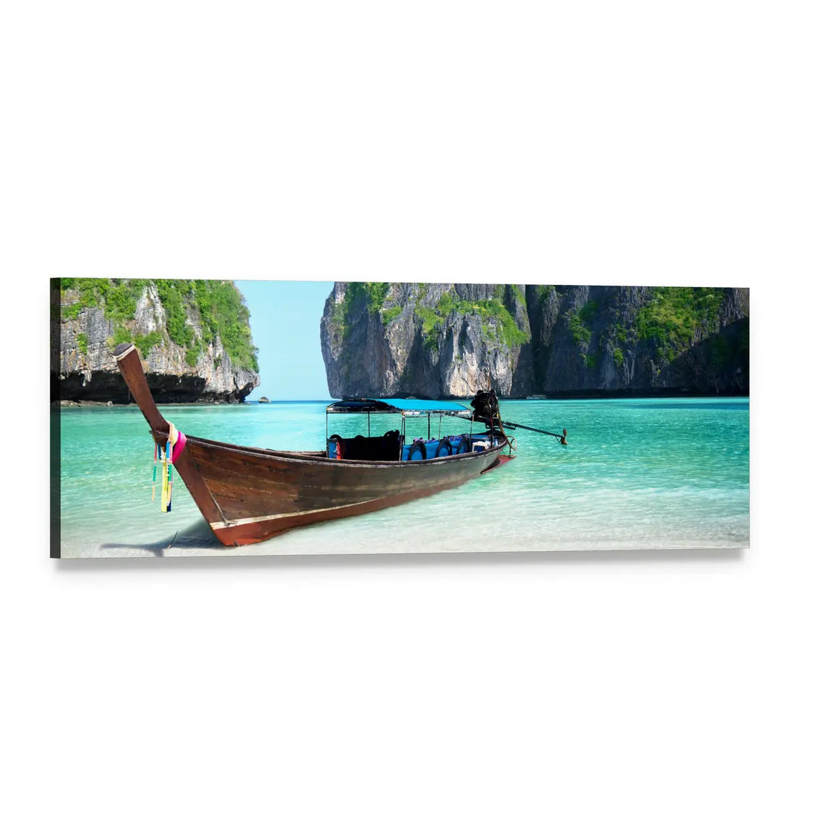 Maya Bay Phi Phi Island Seascape Panoramic Canvas Wall Art, single panel gallery wrapped canvas, angled product view