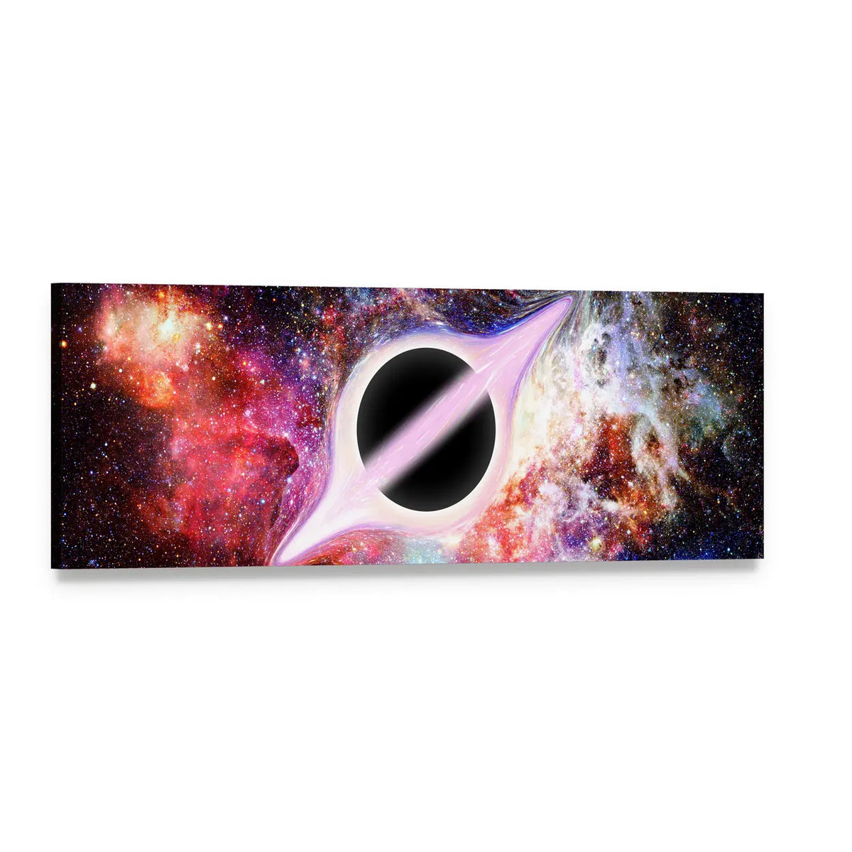 Swirling Black Hole in Deep Space Panoramic Canvas Wall Art, single panel gallery wrapped canvas, angled product view