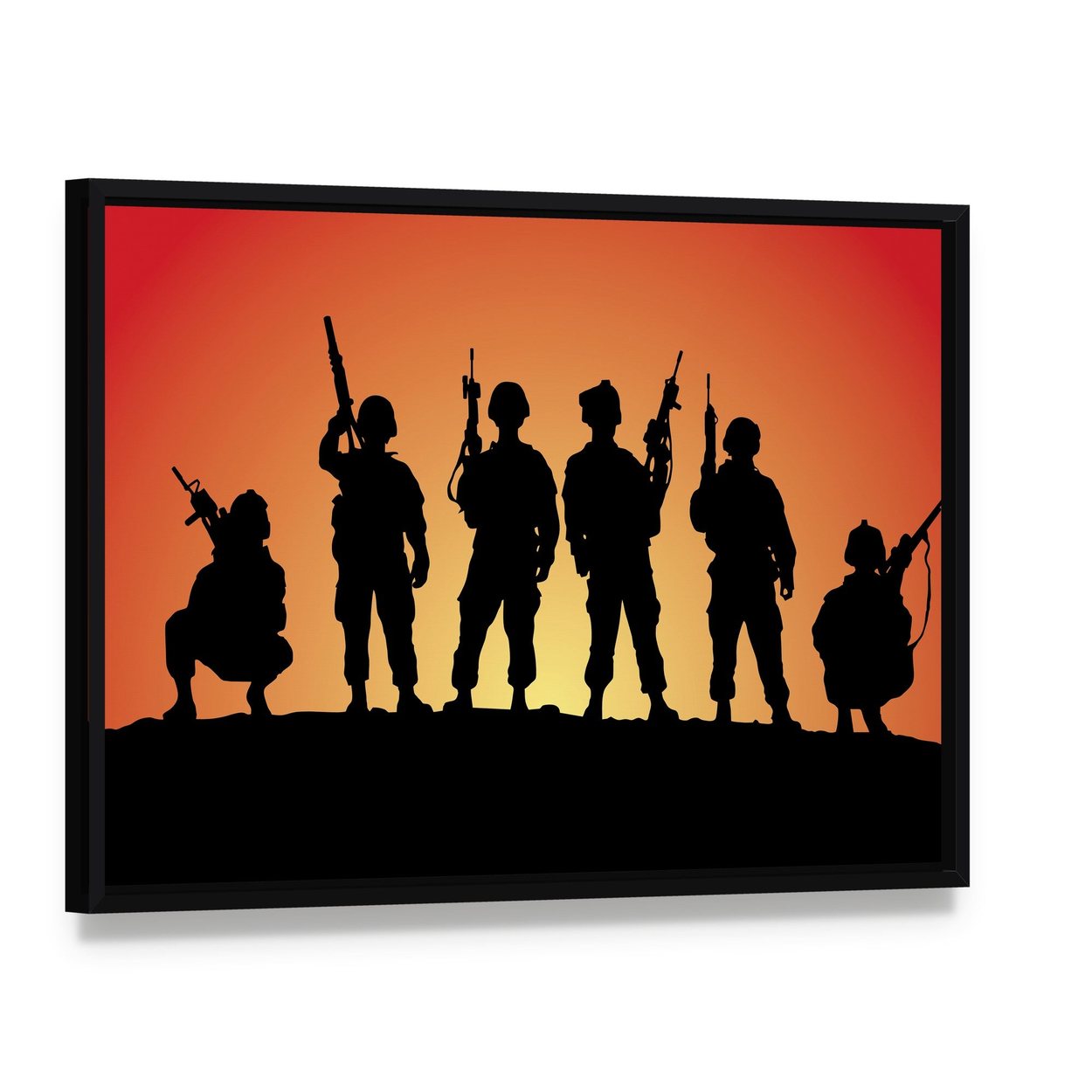 Military Soldiers Silhouettes Canvas Wall Art, framed canvas in a black floater frame, angled product view