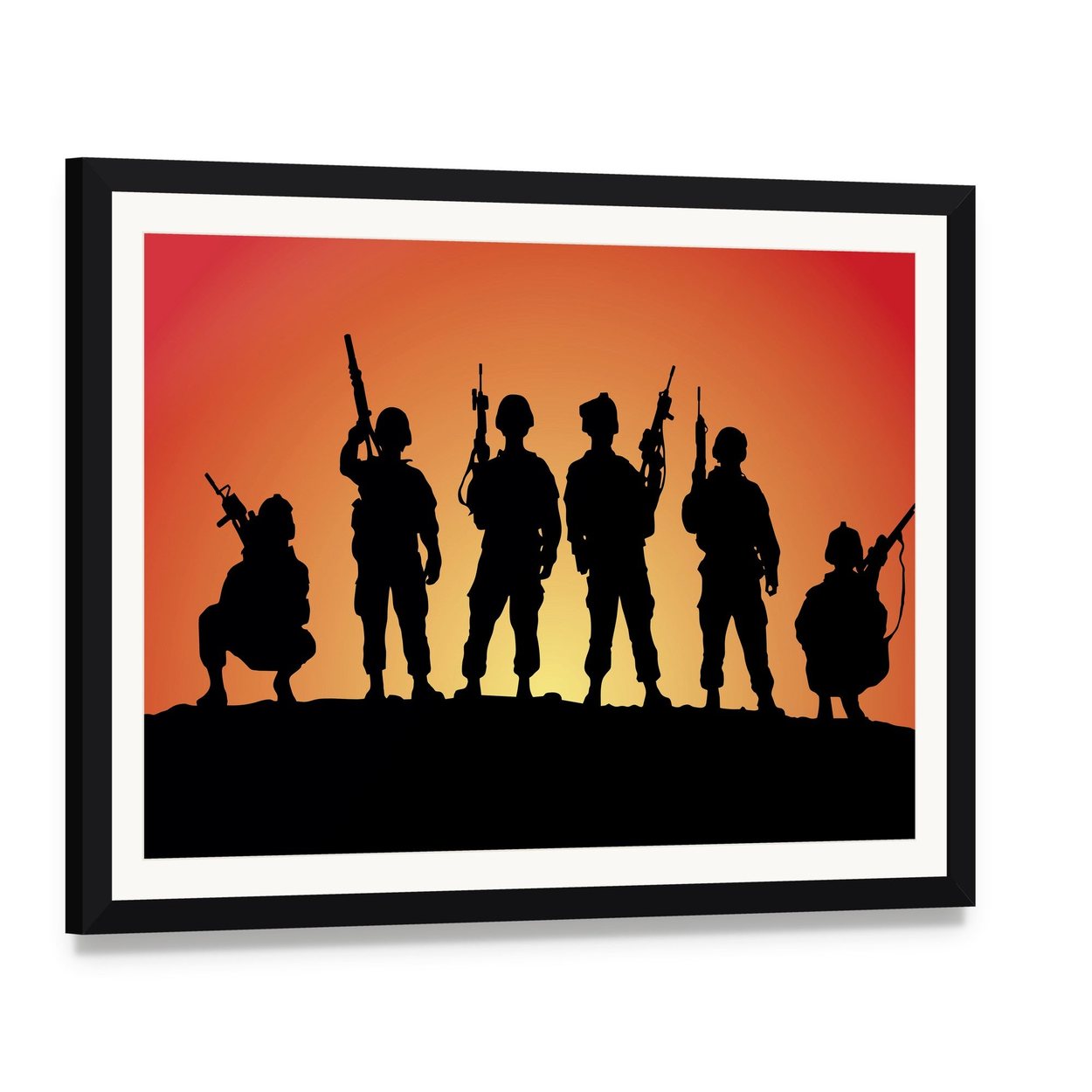Military Soldiers Silhouettes Canvas Wall Art, framed print with white mat and black frame, angled product view