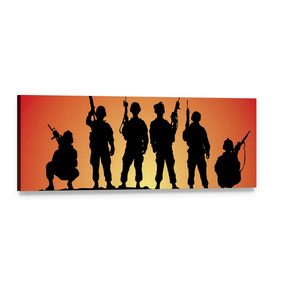 Six Soldier Silhouettes at Sunset Panoramic Canvas Wall Art, single panel gallery wrapped canvas, angled product view