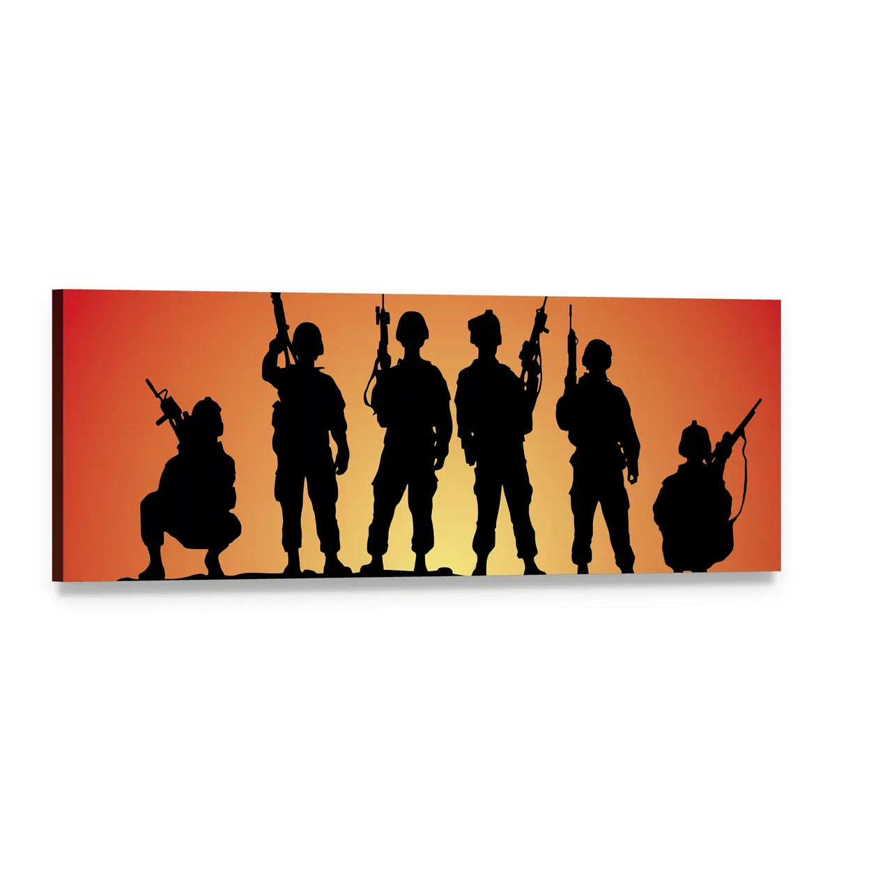 Six Soldier Silhouettes at Sunset Panoramic Canvas Wall Art, single panel gallery wrapped canvas, angled product view