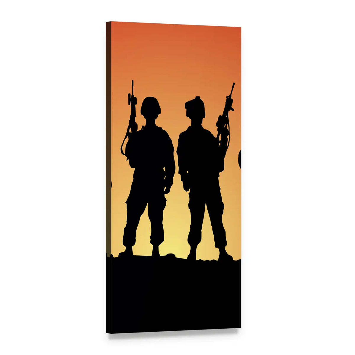 Two Soldier Silhouettes at Sunset Vertical Canvas Wall Art, 1 panel 1 Vertical layout gallery wrapped canvas set, angled product view