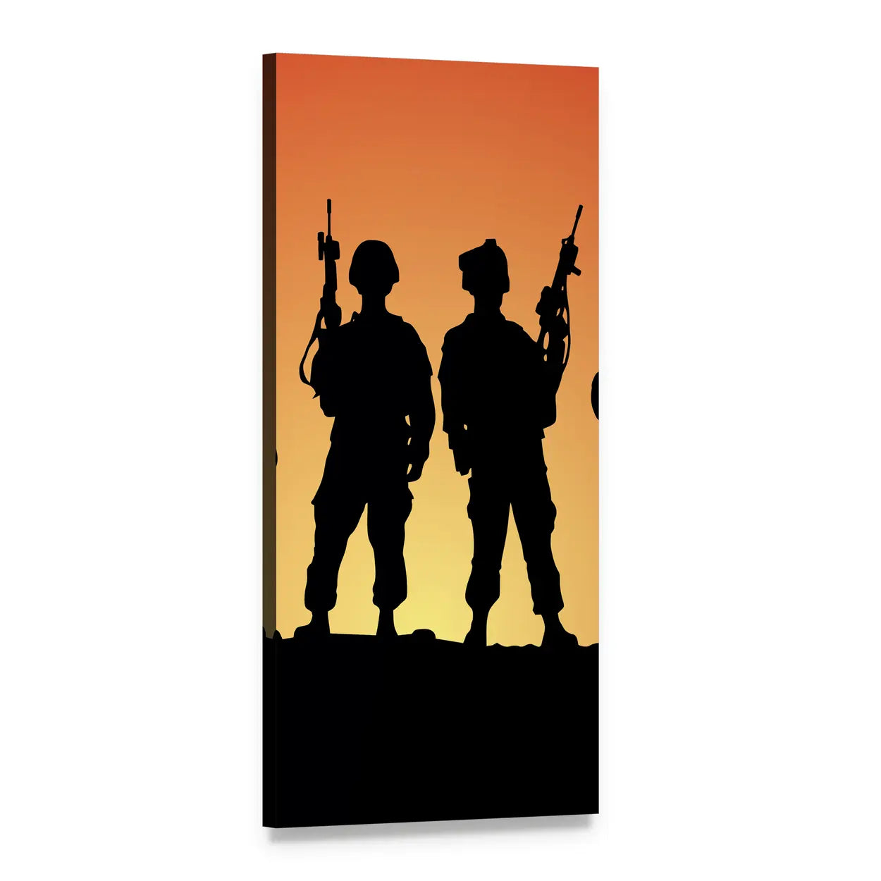 Two Soldier Silhouettes at Sunset Vertical Canvas Wall Art, 1 panel 1 Vertical layout gallery wrapped canvas set, angled product view