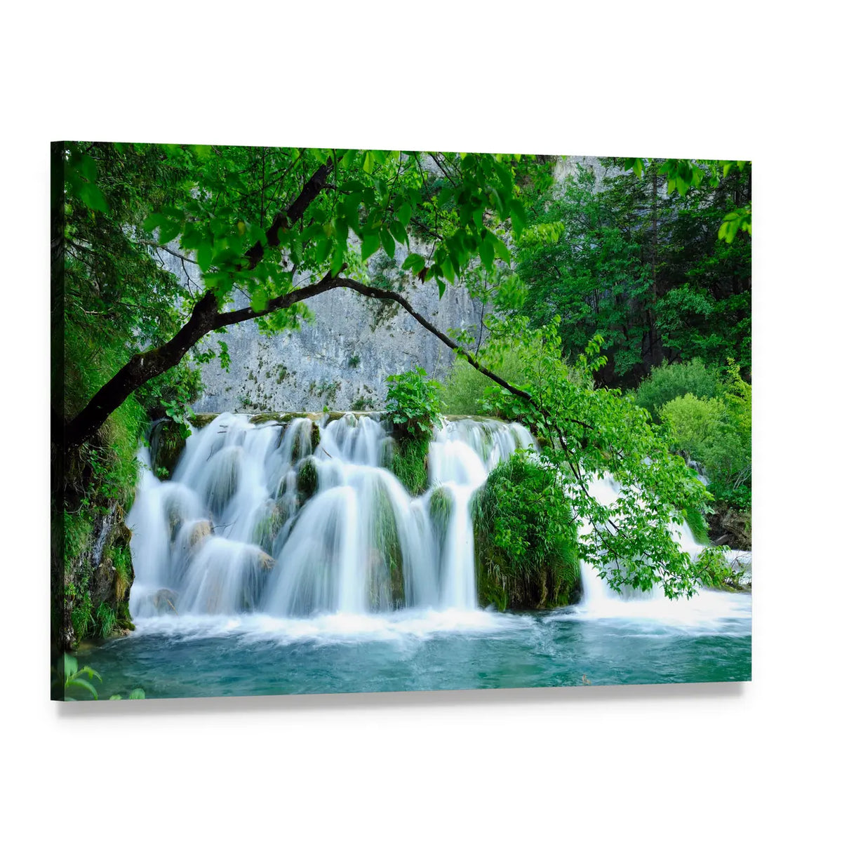 Cascading Waterfall Over Mossy Rocks Canvas Wall Art, single panel gallery wrapped canvas, angled product view