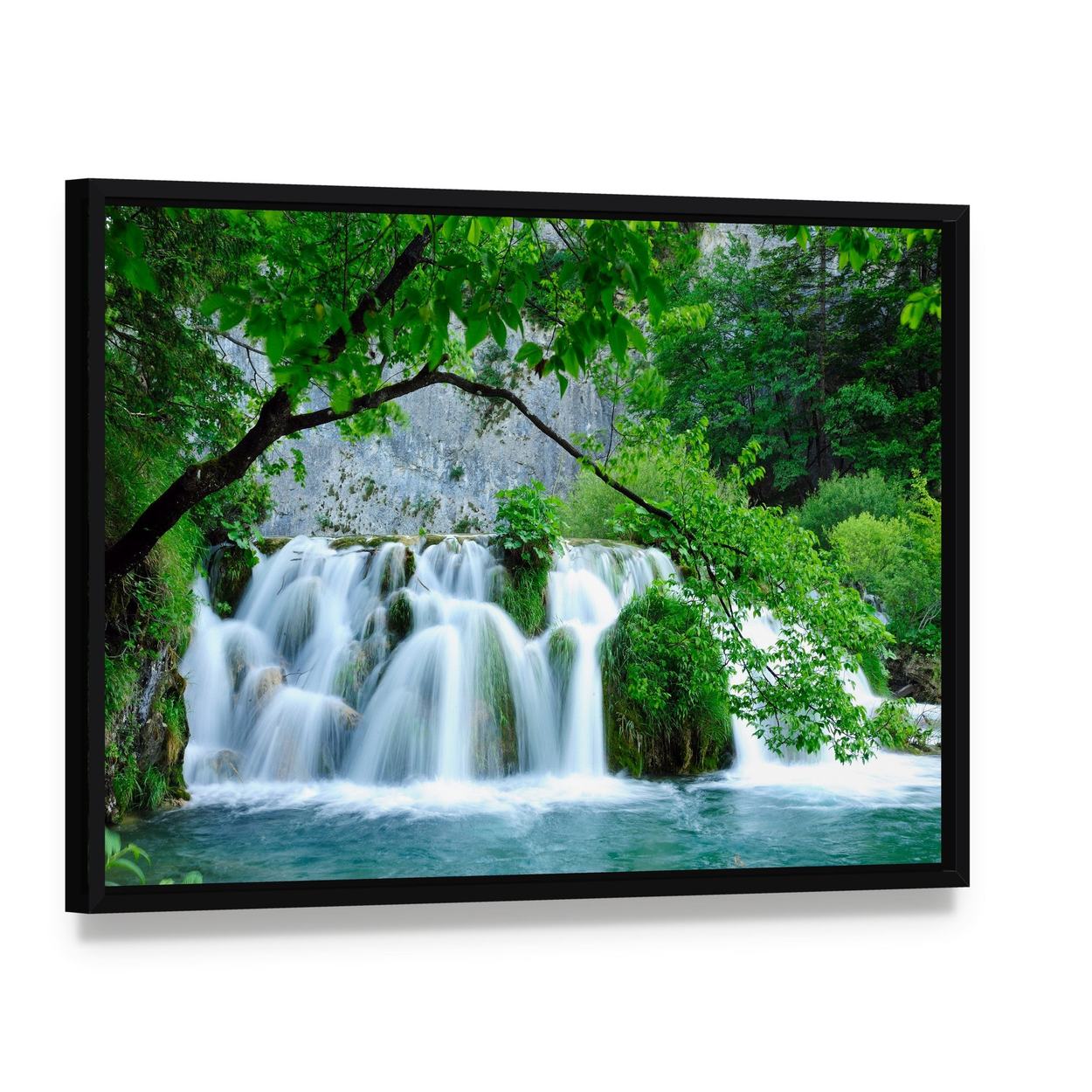 Waterfalls in Plitvice Jezera National Park Canvas Wall Art, framed canvas in a black floater frame, angled product view