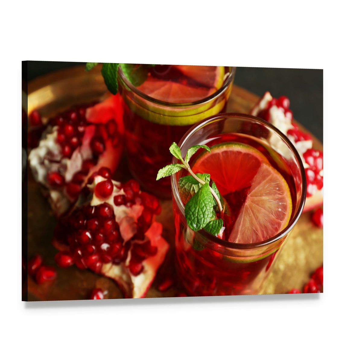 Pomegranate Drink in Glasses Canvas Wall Art, single panel gallery wrapped canvas, angled product view