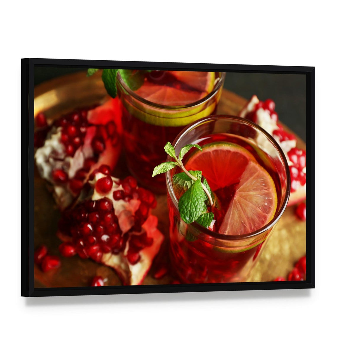 Pomegranate Drink in Glasses Canvas Wall Art, framed canvas in a black floater frame, angled product view