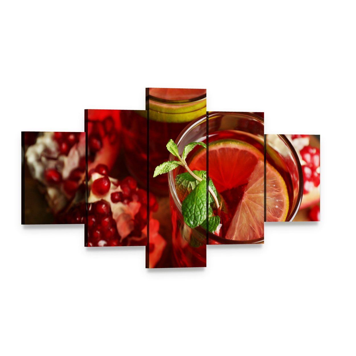 Pomegranate Drink in Glasses Canvas Wall Art, 5 panel 5 Star layout gallery wrapped canvas set, angled product view