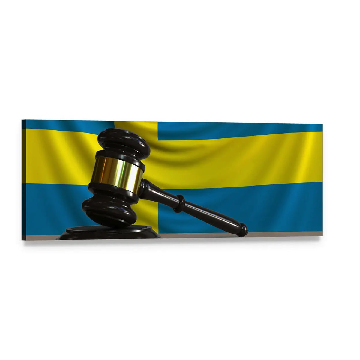 Judge's Gavel with Swedish Flag Panoramic Canvas Wall Art, single panel gallery wrapped canvas, angled product view