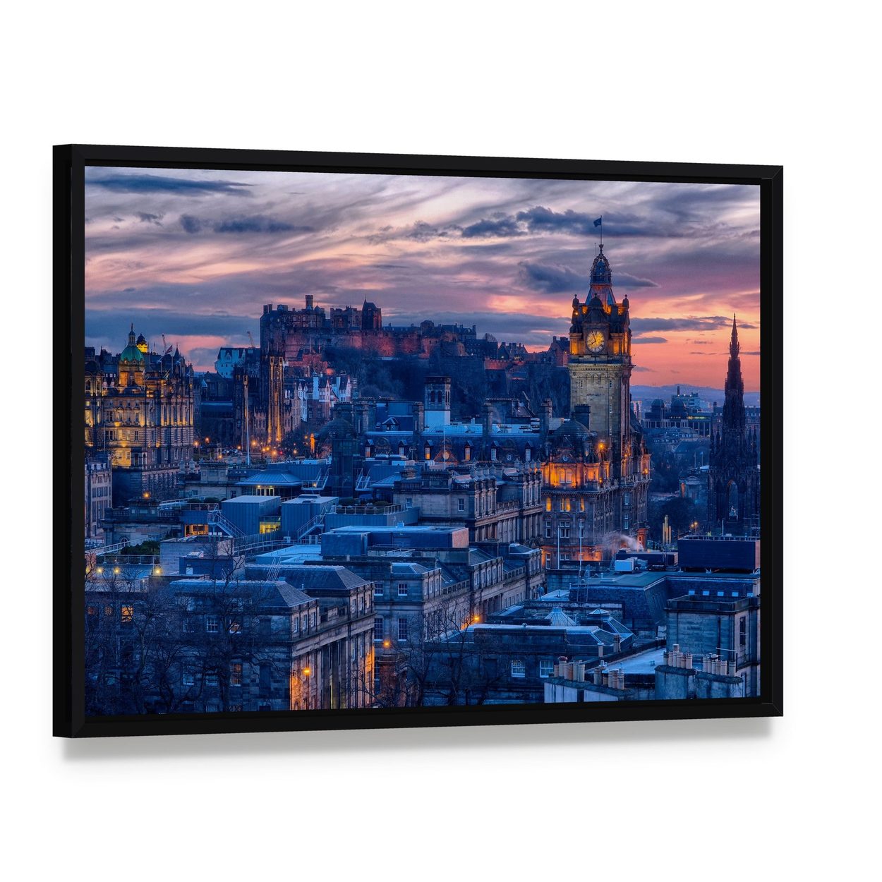 Edinburgh Castle Dusk Cityscape Canvas Wall Art, framed canvas in a black floater frame, angled product view