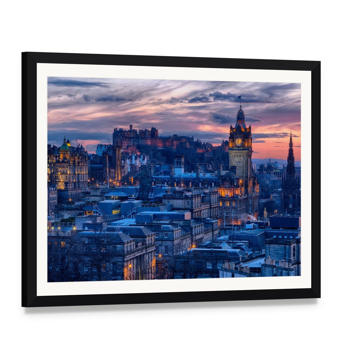 Edinburgh Castle Dusk Cityscape Canvas Wall Art, framed print with white mat and black frame, angled product view