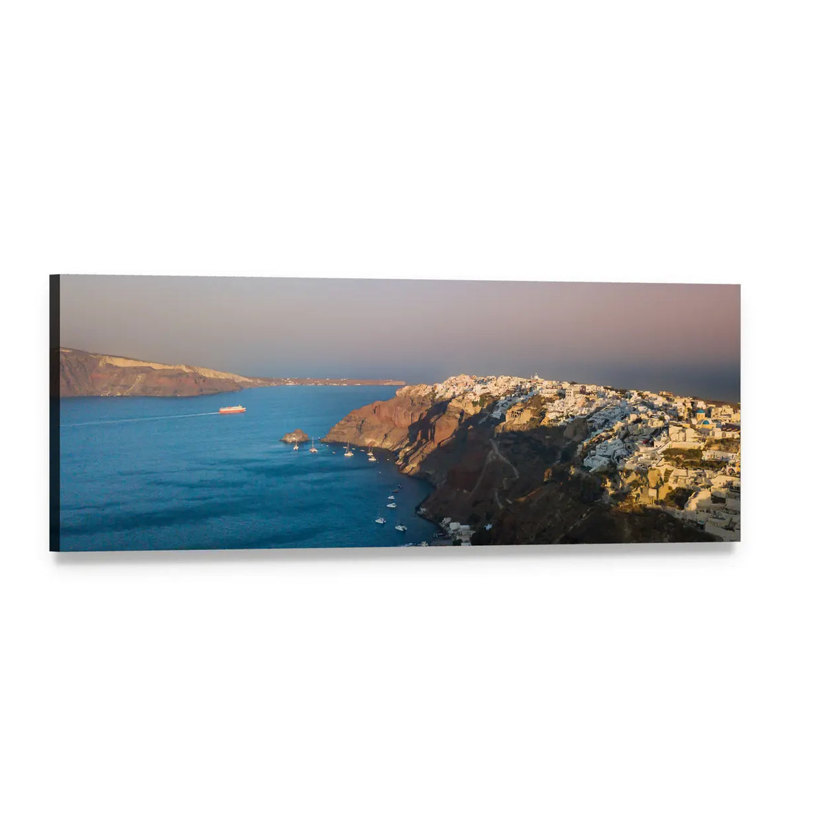Sunset Over Oia, Santorini Panoramic Canvas Wall Art, single panel gallery wrapped canvas, angled product view
