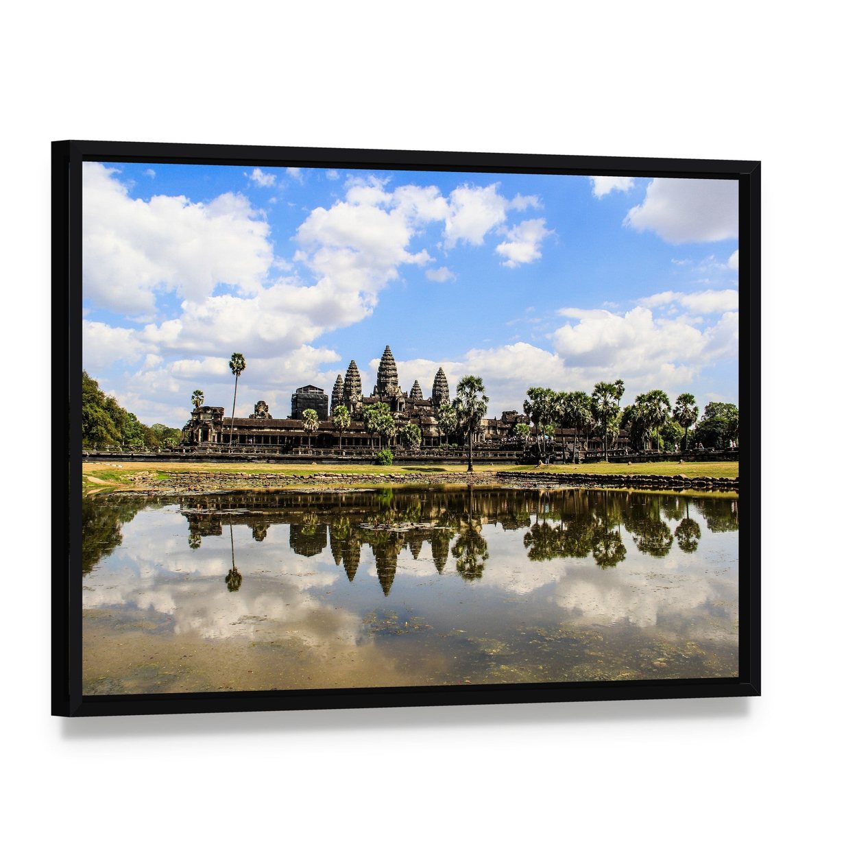 Angkor Wat Temple with Lake Reflection Canvas Wall Art, framed canvas in a black floater frame, angled product view