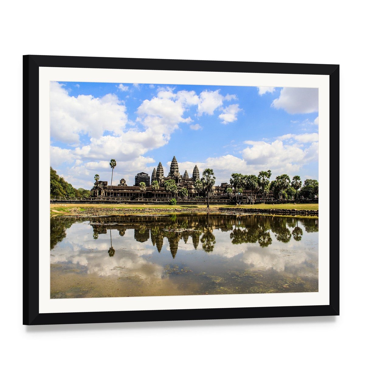 Angkor Wat Temple with Lake Reflection Canvas Wall Art, framed print with white mat and black frame, angled product view