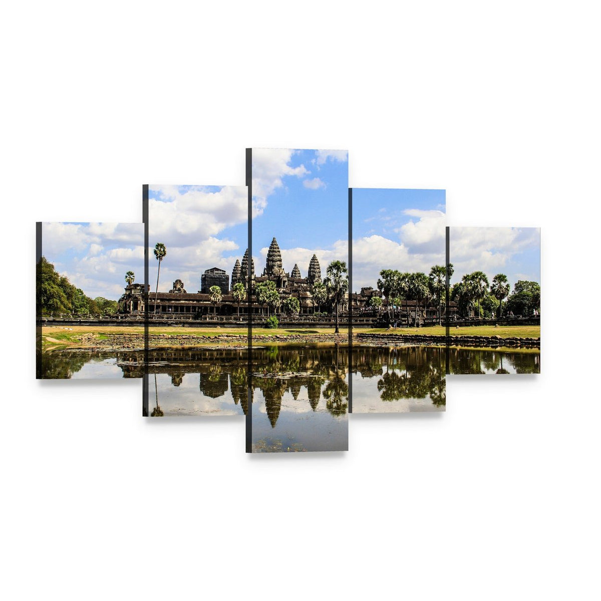 Angkor Wat Temple with Lake Reflection Canvas Wall Art, 5 panel 5 Star layout gallery wrapped canvas set, angled product view