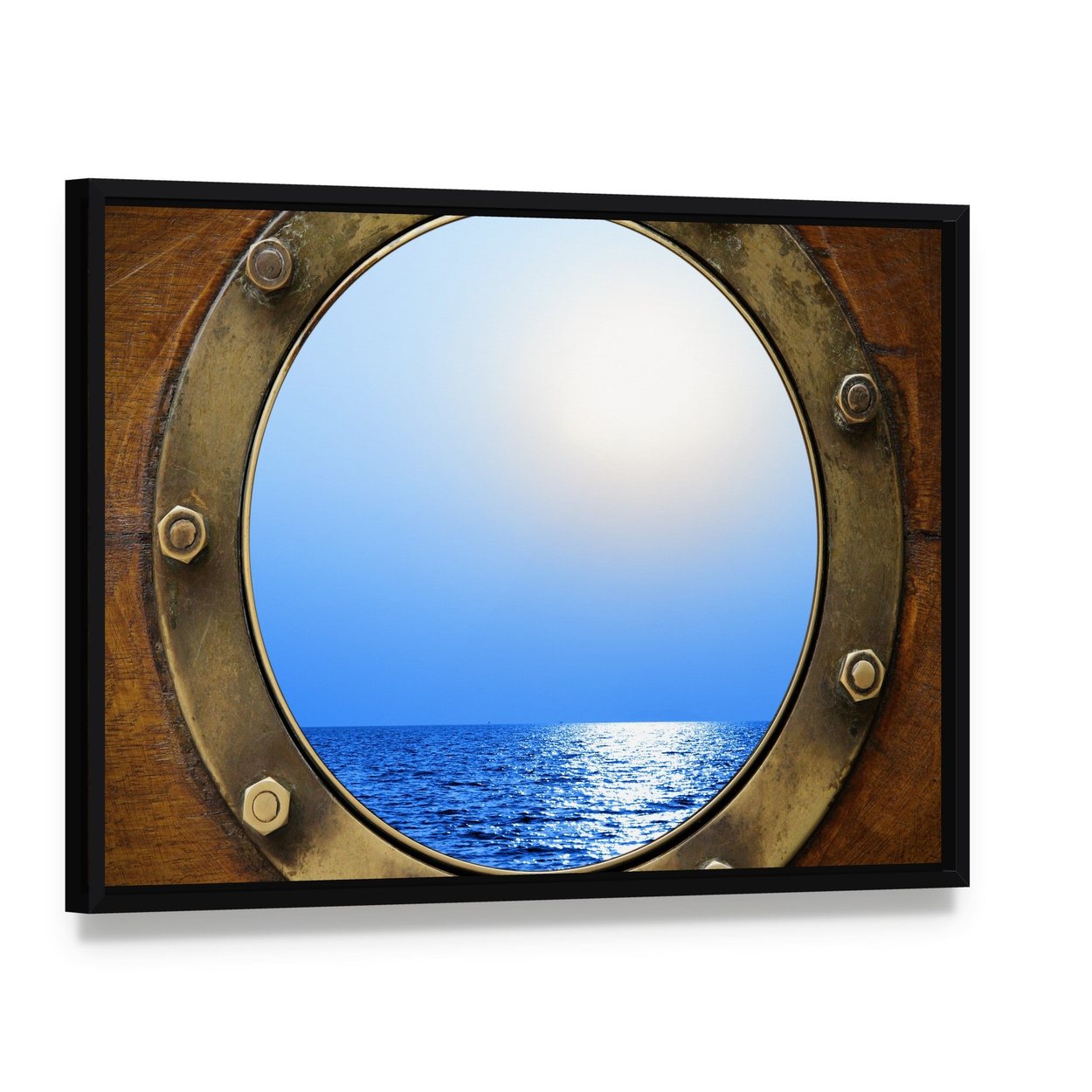 Boat Porthole Ocean View Canvas Wall Art, framed canvas in a black floater frame, angled product view