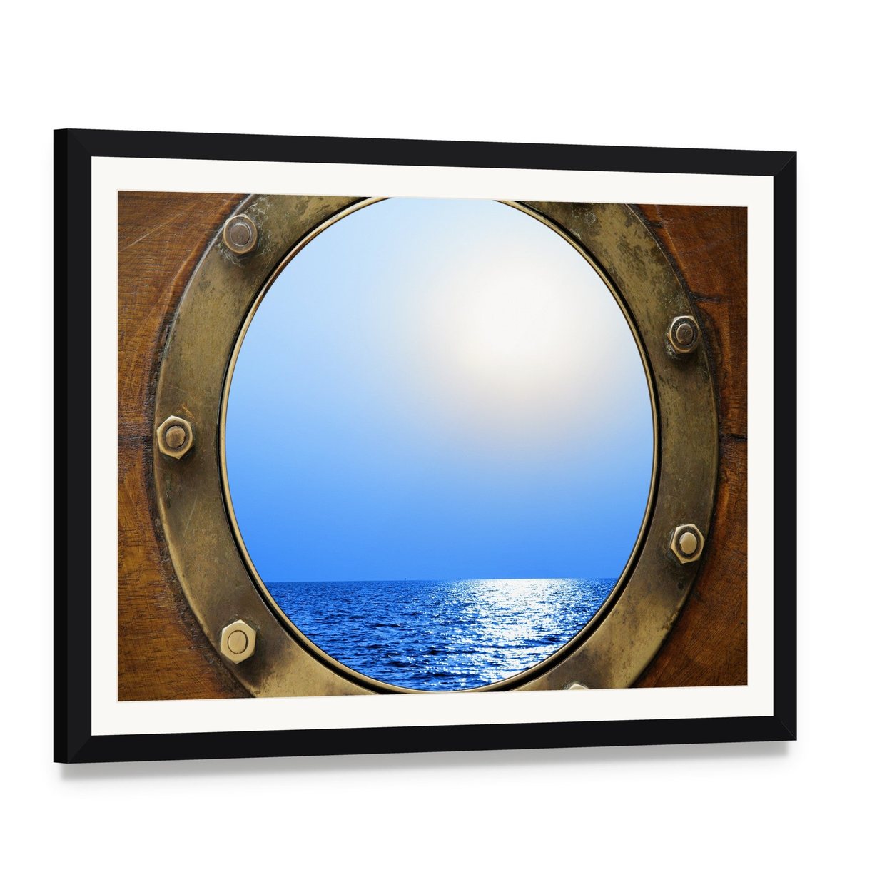 Boat Porthole Ocean View Canvas Wall Art, framed print with white mat and black frame, angled product view