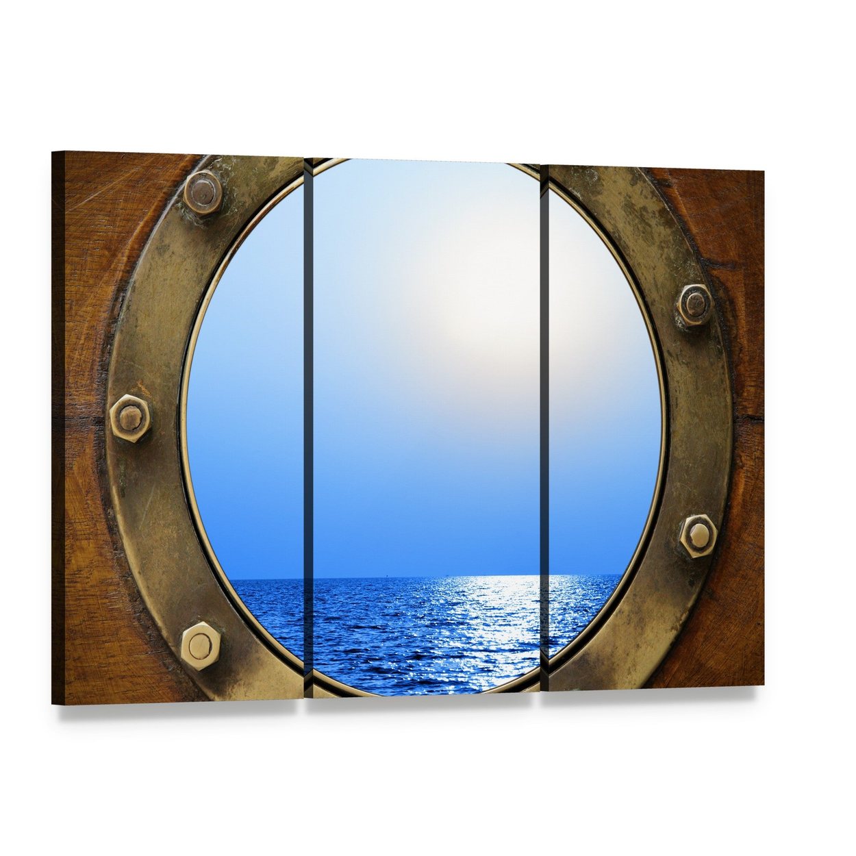 Boat Porthole Ocean View Canvas Wall Art, 3 panel 3 Horizontal layout gallery wrapped canvas set, angled product view