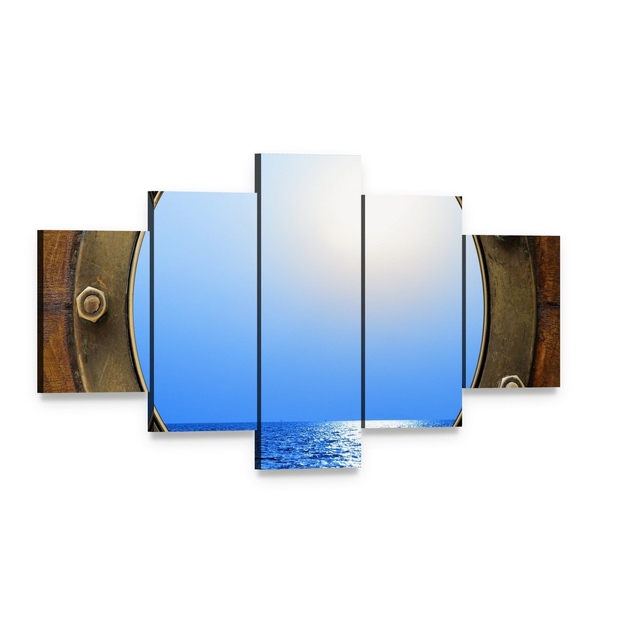 Boat Porthole Ocean View Canvas Wall Art, 5 panel 5 Star layout gallery wrapped canvas set, angled product view