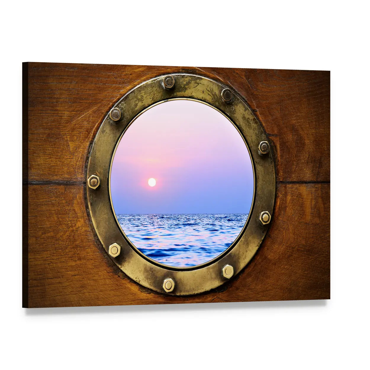 Porthole Framing Sunset Over Ocean Canvas Wall Art, single panel gallery wrapped canvas, angled product view