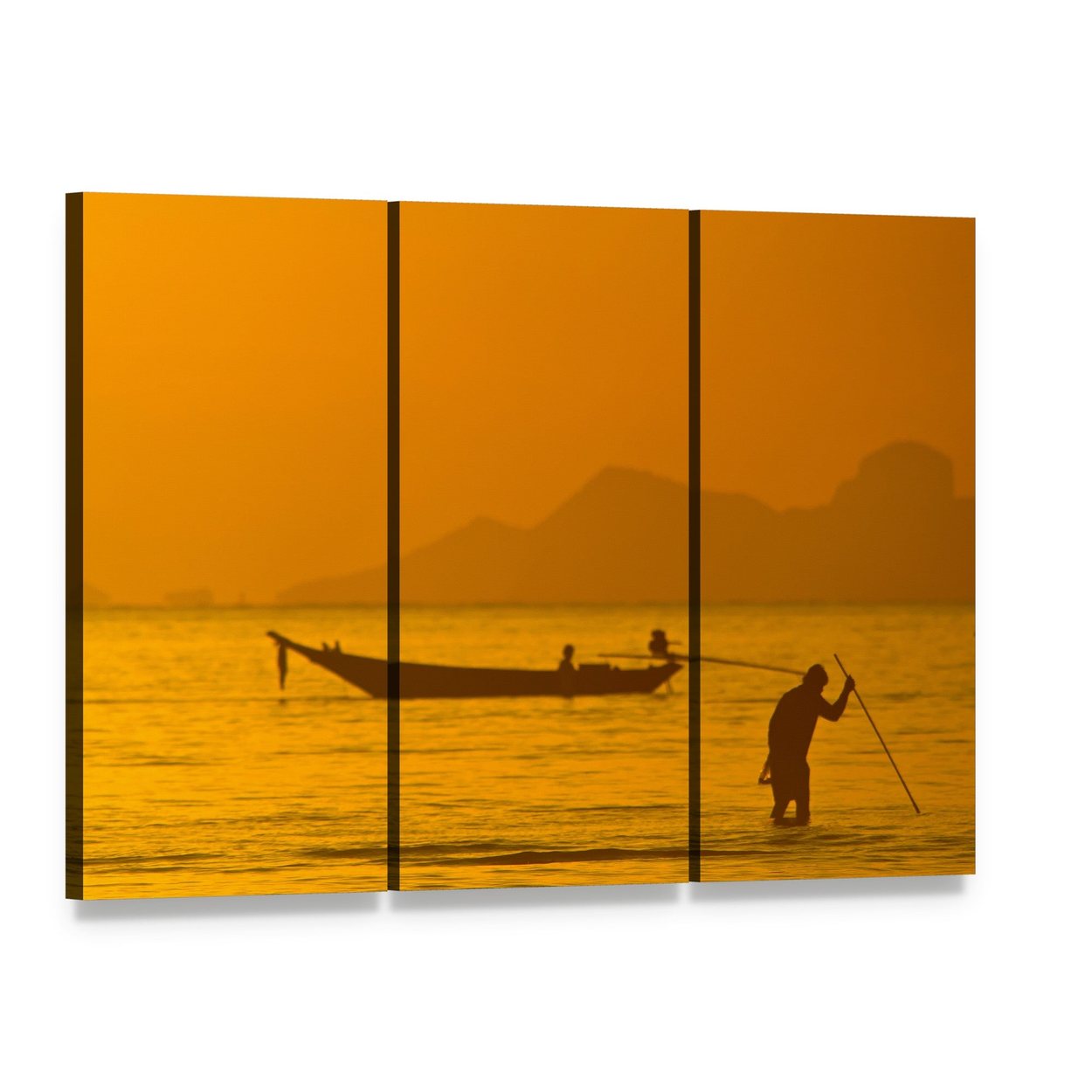 Fisherman at Sunset in Thailand Canvas Wall Art, 3 panel 3 Horizontal layout gallery wrapped canvas set, angled product view