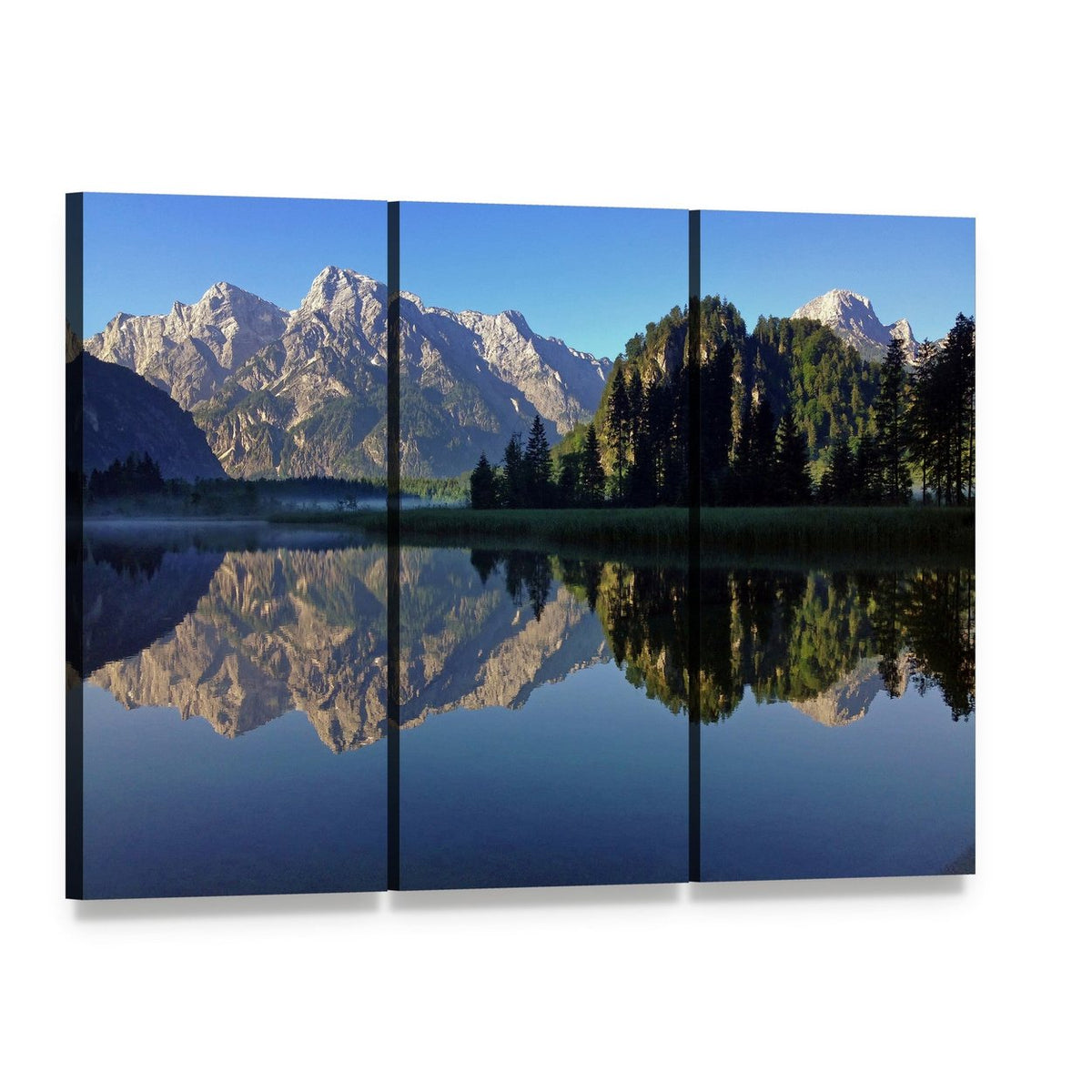 Almsee Austria Mountain Lake Reflection Canvas Wall Art, 3 panel 3 Horizontal layout gallery wrapped canvas set, angled product view